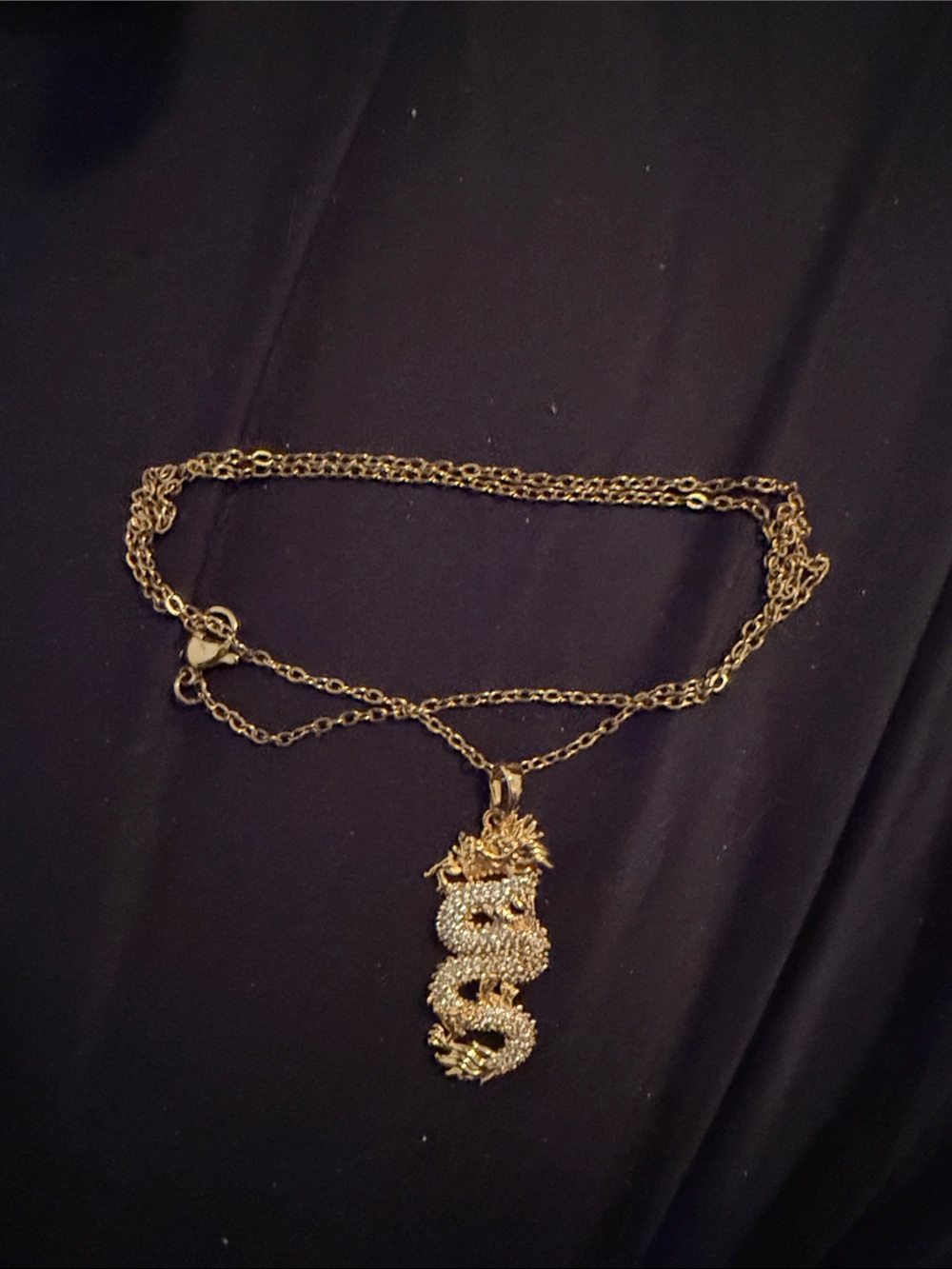 Gold Dragon Pendant Necklace - Rhinestone Accents